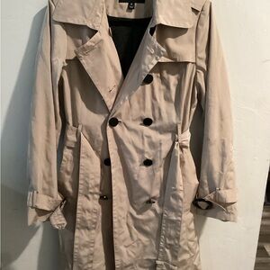 London Fog Taupe Double-Breasted Trench with Waist Tie